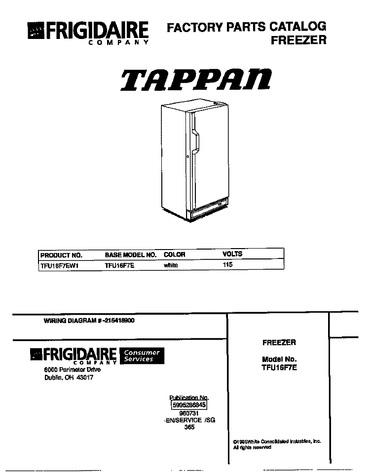 COVER Diagram and Parts List for TFU16F7EW1  Tappan Freezer