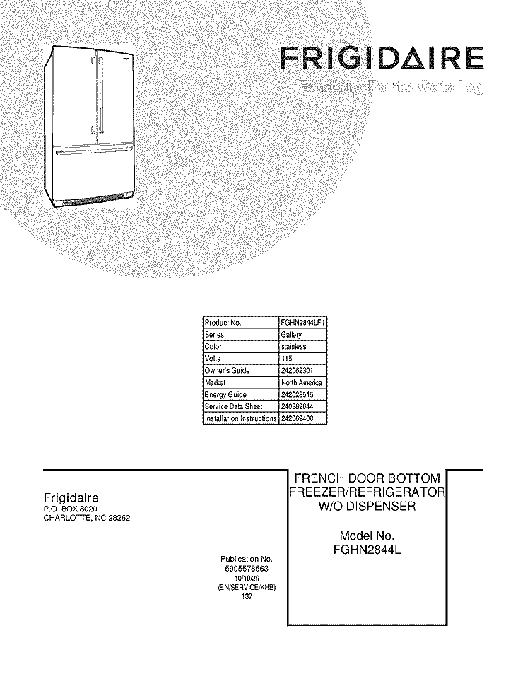 COVER Diagram and Parts List for FGHN2844LF1  Frigidaire Refrigerator