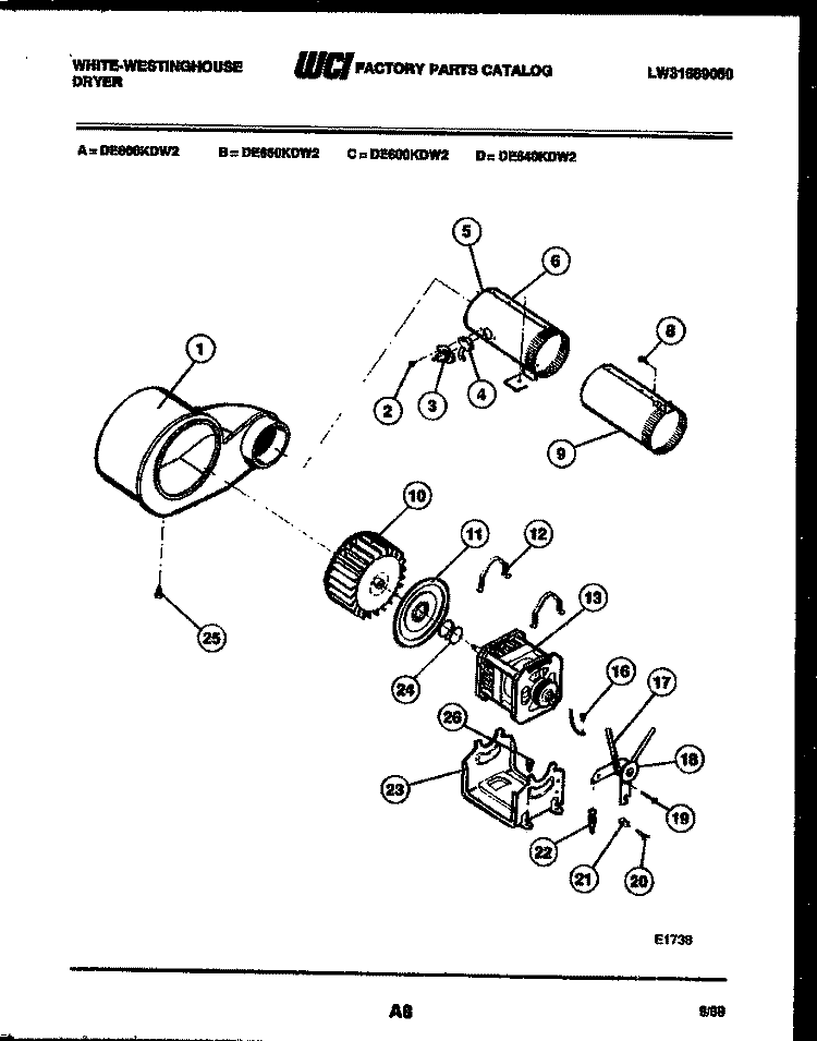 MOTOR AND BLOWER PARTS Diagram and Parts List for DE650KDH2  Frigidaire Dryer
