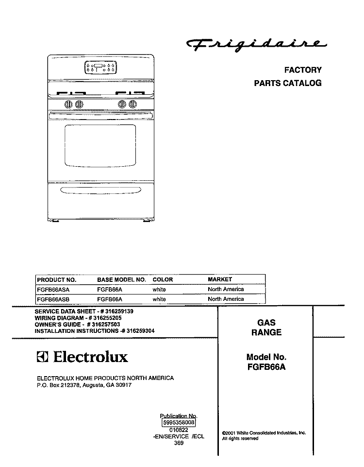 COVER Diagram and Parts List for FGFB66ASB  Frigidaire Range