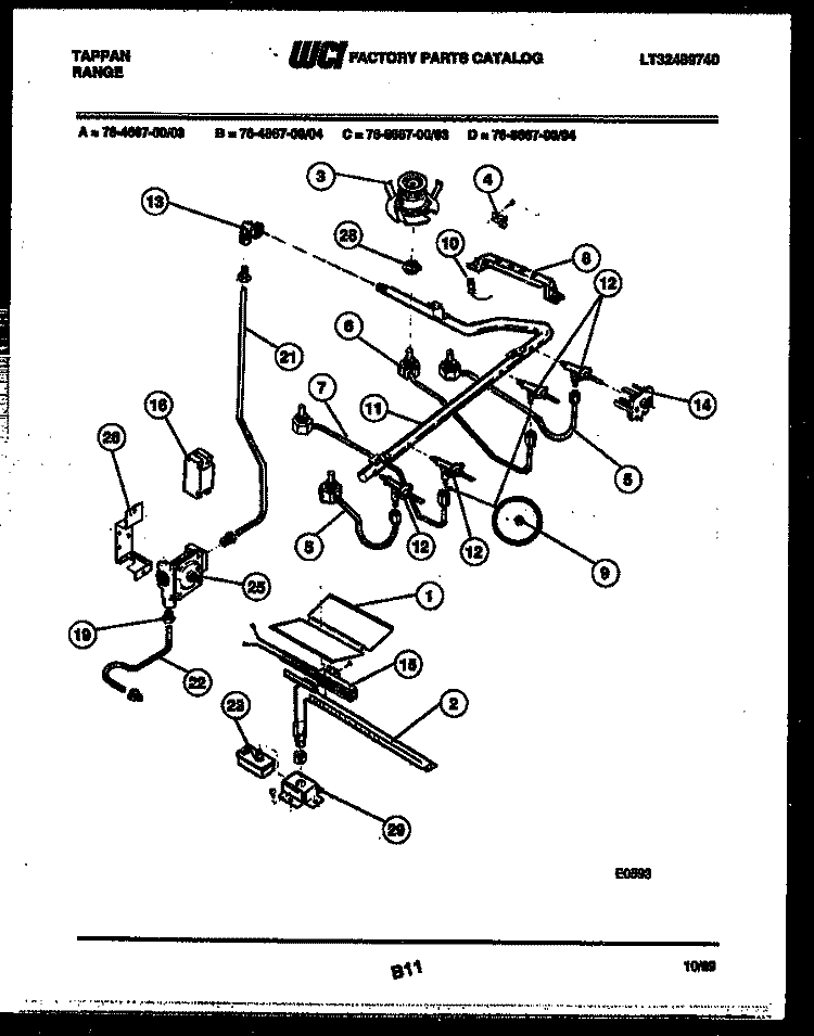 BURNER, MANIFOLD AND GAS CONTROL Diagram and Parts List for 76-4667-00-04  Tappan Microwave Oven Combo