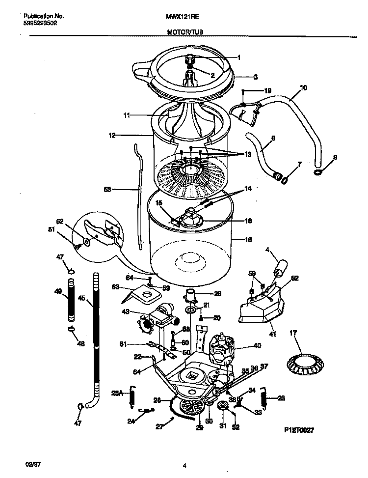 MOTOR / TUB Diagram and Parts List for MWX121REW1  Frigidaire Washer