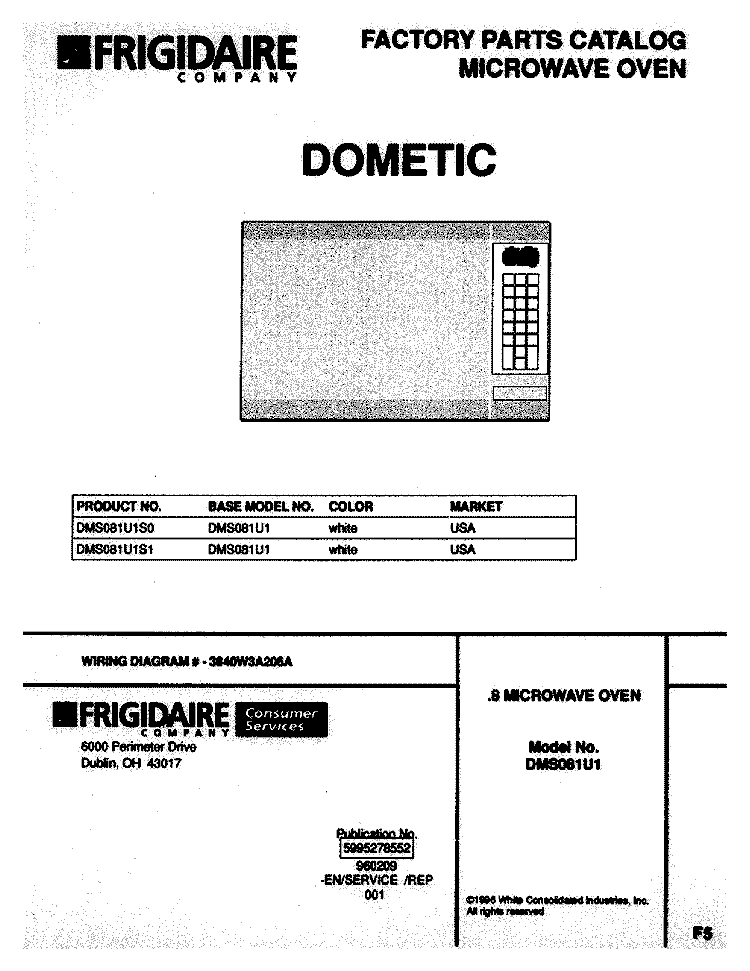 COVER Diagram and Parts List for DMS081U1S0  Frigidaire Microwave