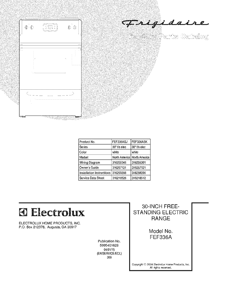COVER Diagram and Parts List for FEF336ASK  Frigidaire Range