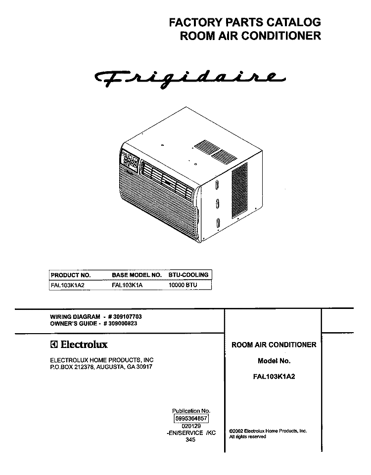 COVER Diagram and Parts List for FAL103K1A2  Frigidaire Air Conditioner
