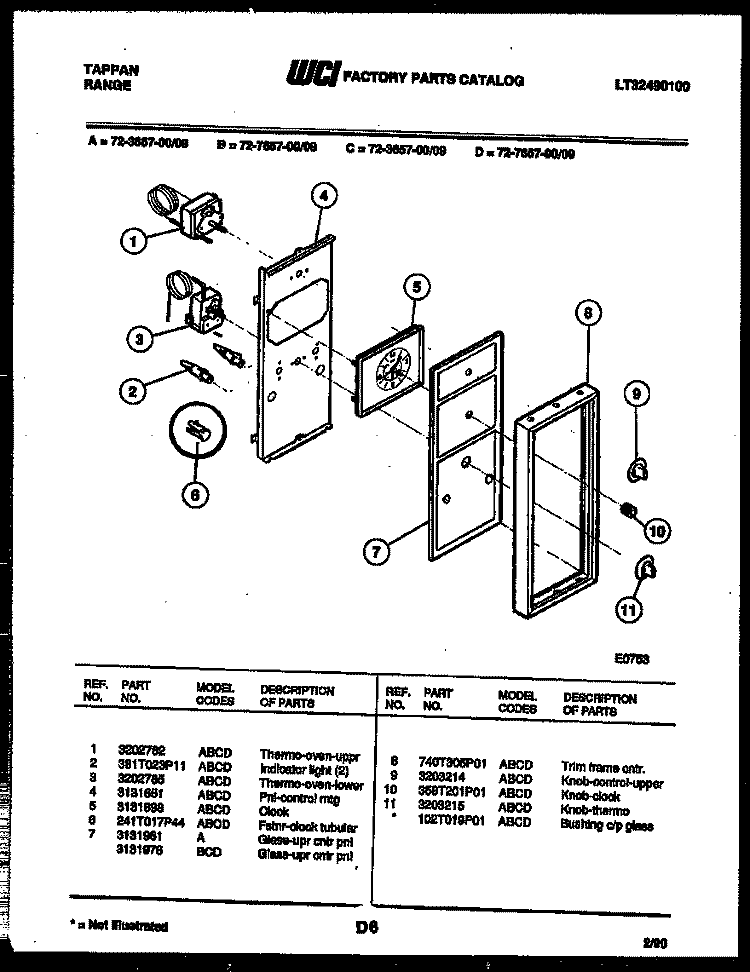 CONTROL PANEL Diagram and Parts List for 72-3657-00-08  Tappan Range