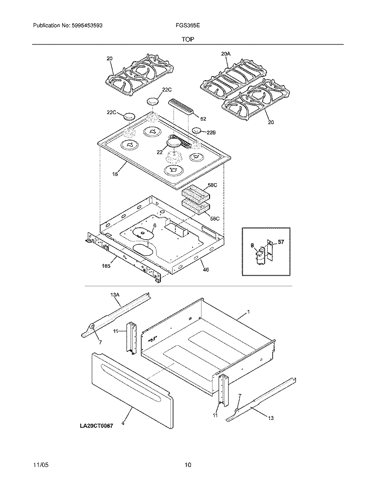 TOP / DRAWER Diagram and Parts List for FGS365EQA  Frigidaire Range