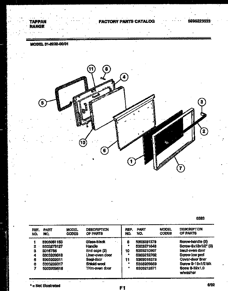 DOOR PARTS Diagram and Parts List for 31-2232-00-01  Tappan Range