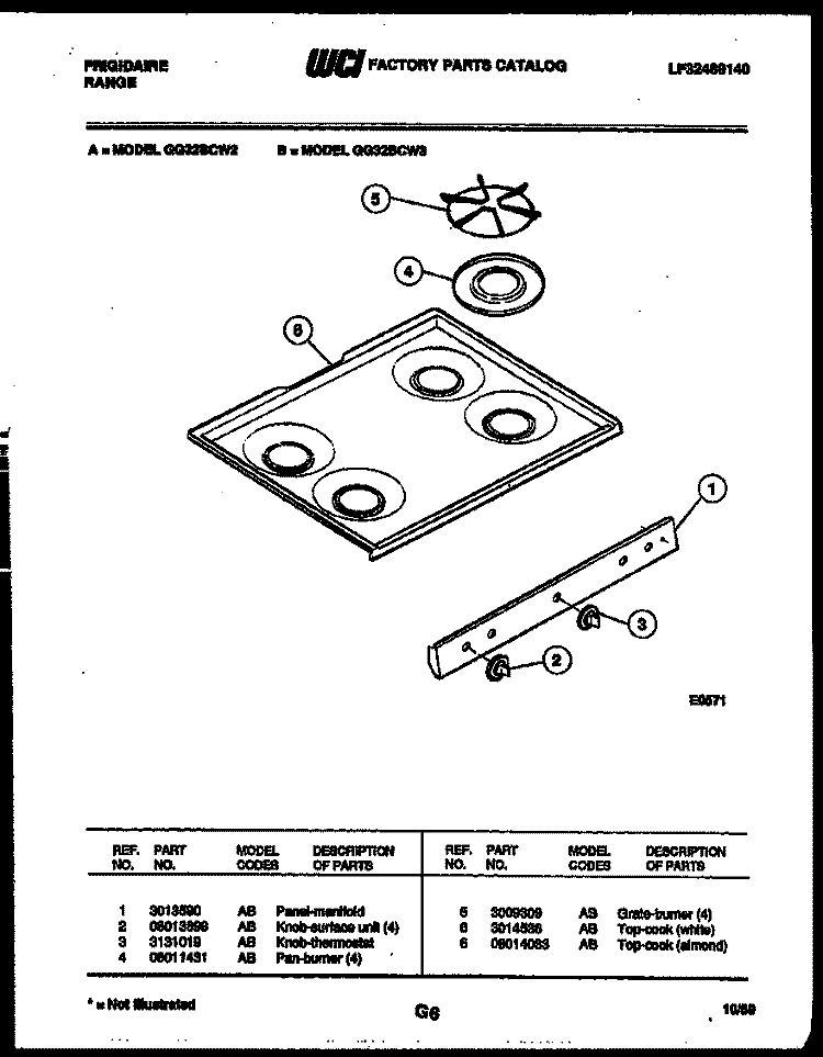 COOKTOP PARTS Diagram and Parts List for GG32BCL2  Frigidaire Range
