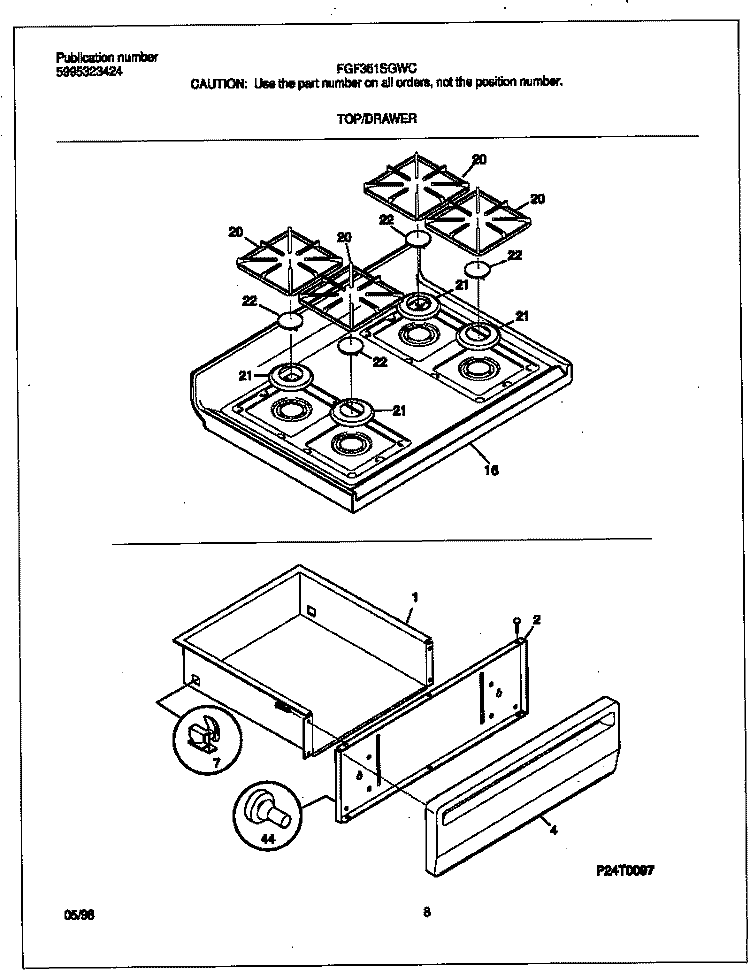 TOP / DRAWER Diagram and Parts List for FGF351SGWC  Frigidaire Range