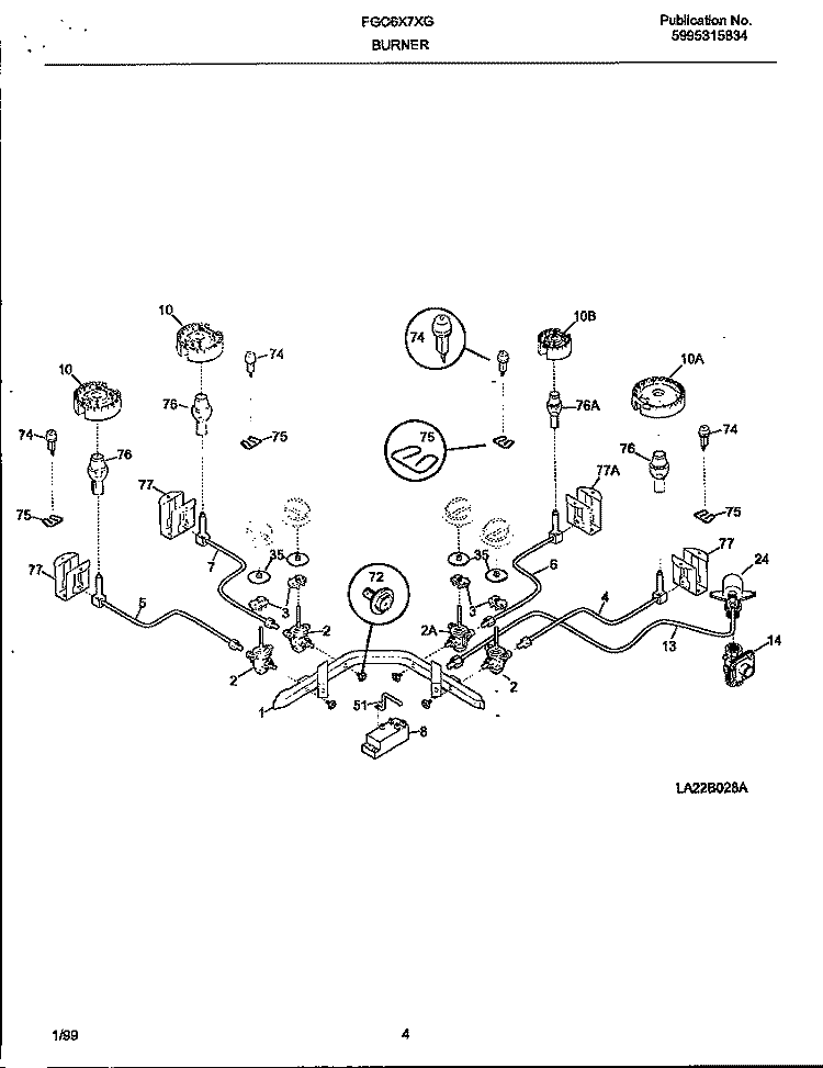 BURNER Diagram and Parts List for FGC6X7XGSA-M2-0  Frigidaire Cooktop