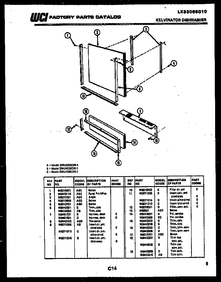 OUTER DOOR PARTS Diagram and Parts List for DWU7025DR1  Kelvinator Dishwasher