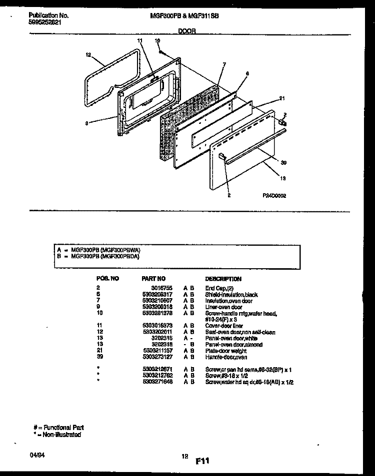 DOOR PARTS Diagram and Parts List for MGF300PBWA  Frigidaire Range