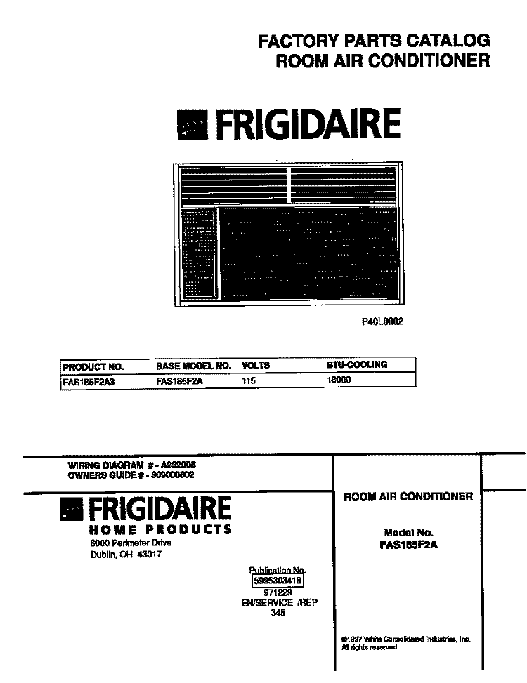 COVER Diagram and Parts List for FAS185F2A3  Frigidaire Air Conditioner