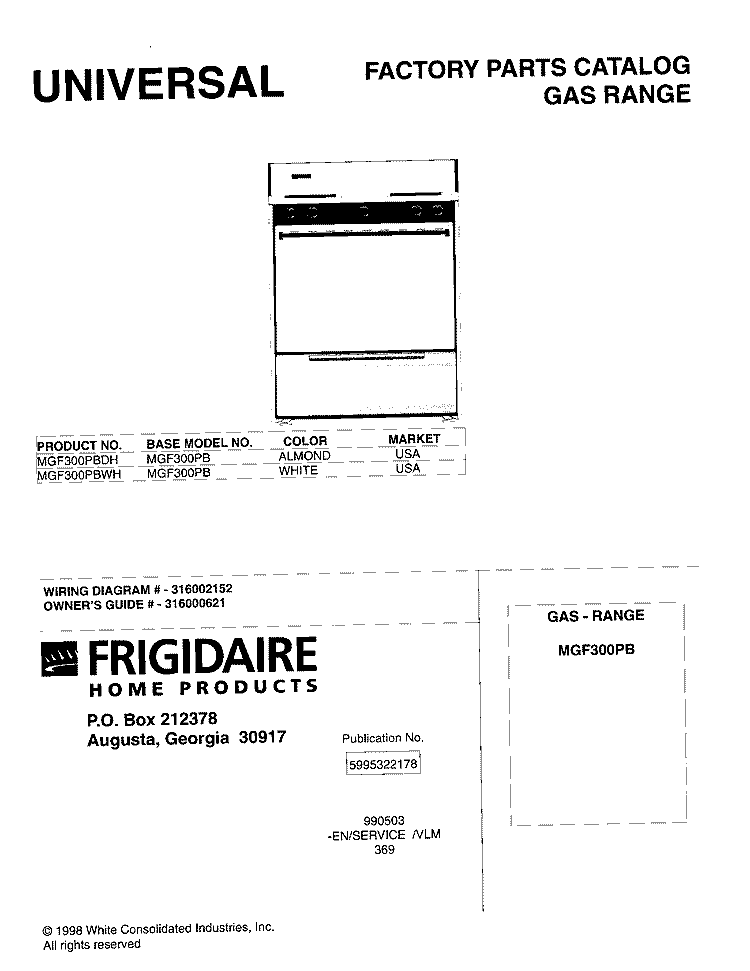 COVER Diagram and Parts List for MGF300PBDH  Frigidaire Range