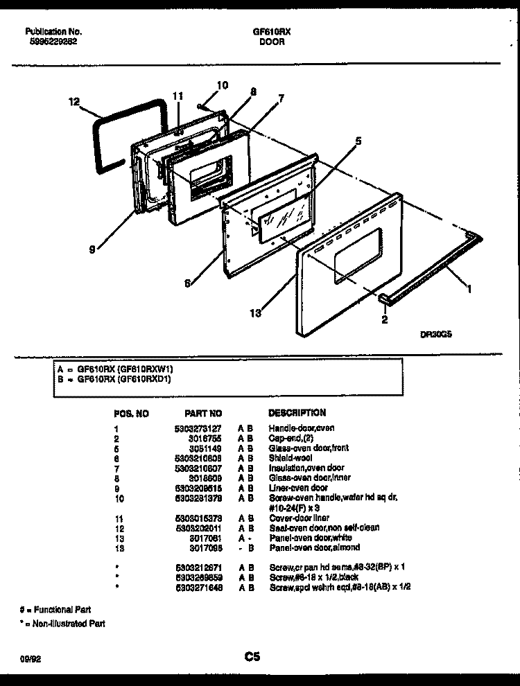 DOOR PARTS Diagram and Parts List for GF610RXD1  Frigidaire Range