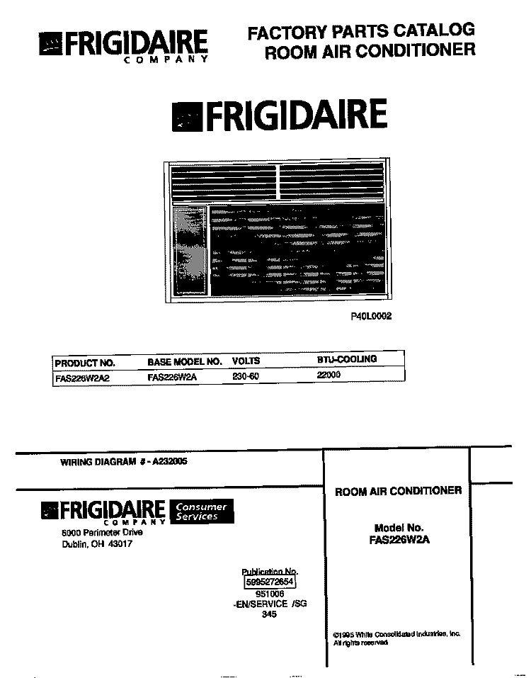 COVER Diagram and Parts List for FAS226W2A2  Frigidaire Air Conditioner