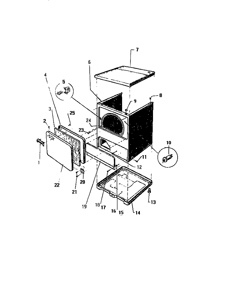 CABINET, TOP PANEL, DOOR, BASE Diagram and Parts List for DE620EXW2  Frigidaire Dryer