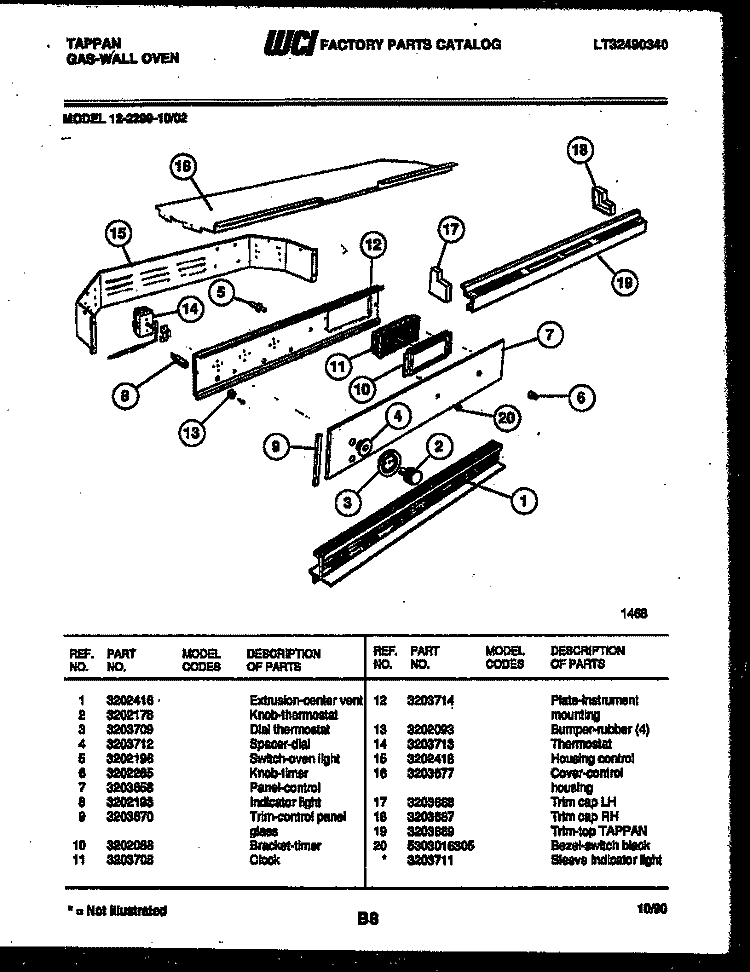 CONTROL PANEL Diagram and Parts List for 12-2299-00-02  Tappan Wall Oven
