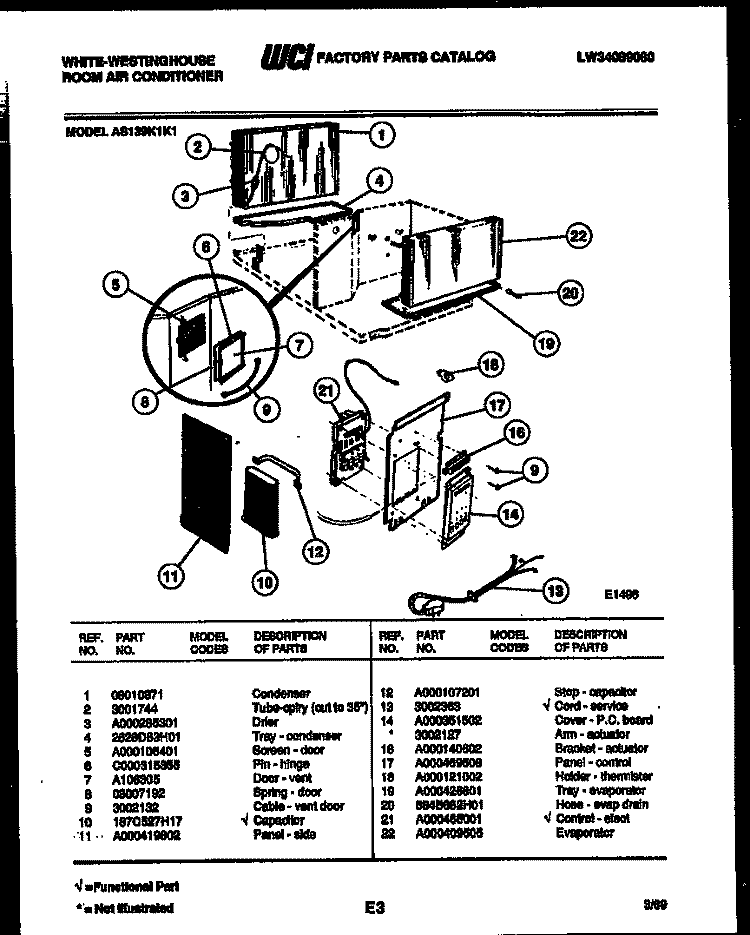 AIR CONTROL PARTS Diagram and Parts List for ED508K7  Frigidaire Dehumidifier