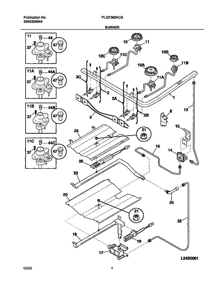 BURNER Diagram and Parts List for PLGF389ACB  Frigidaire Range