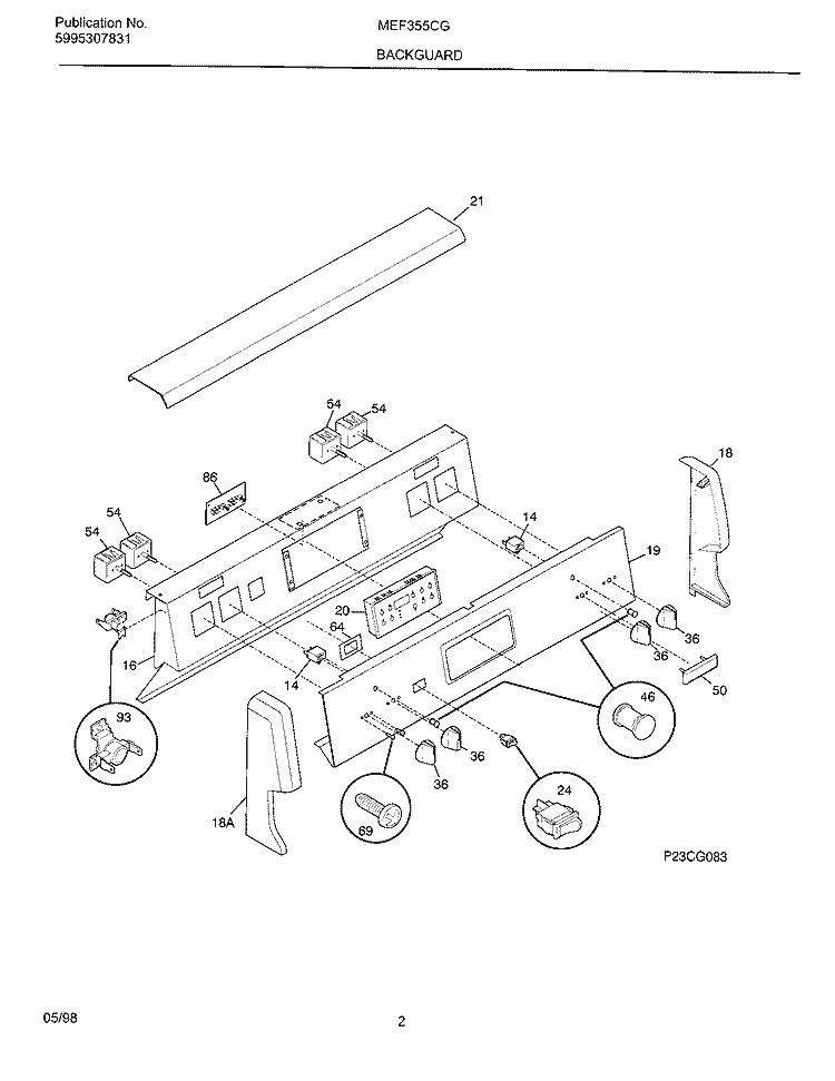 BACKGUARD Diagram and Parts List for MEF355CGB1  Frigidaire Range