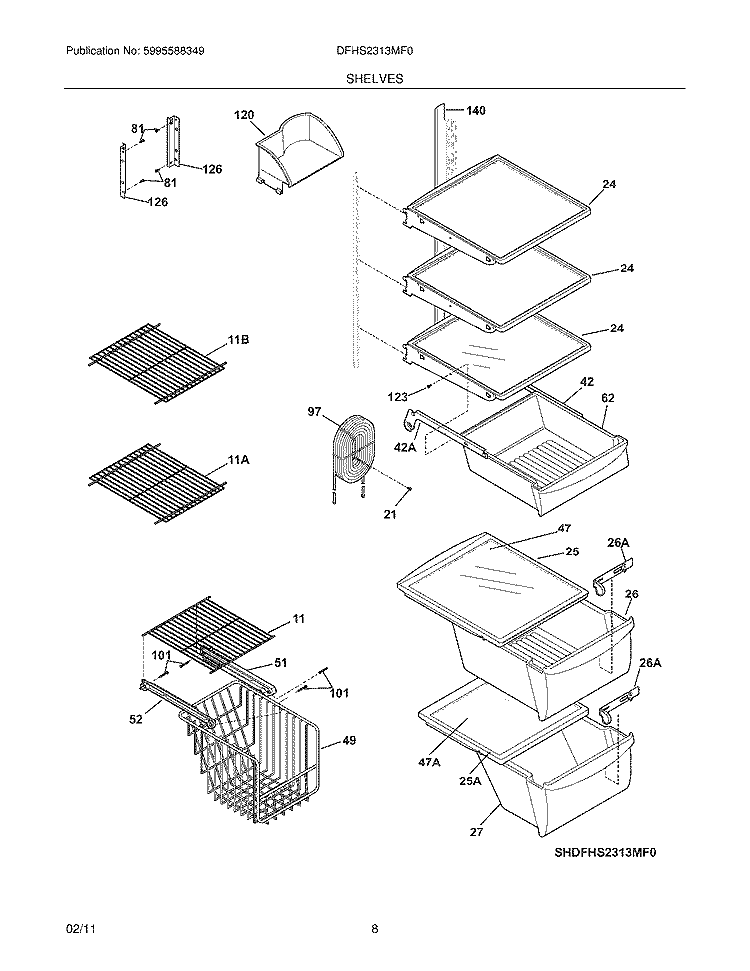 SHELVES Diagram and Parts List for DFHS2313MF0  Frigidaire Refrigerator