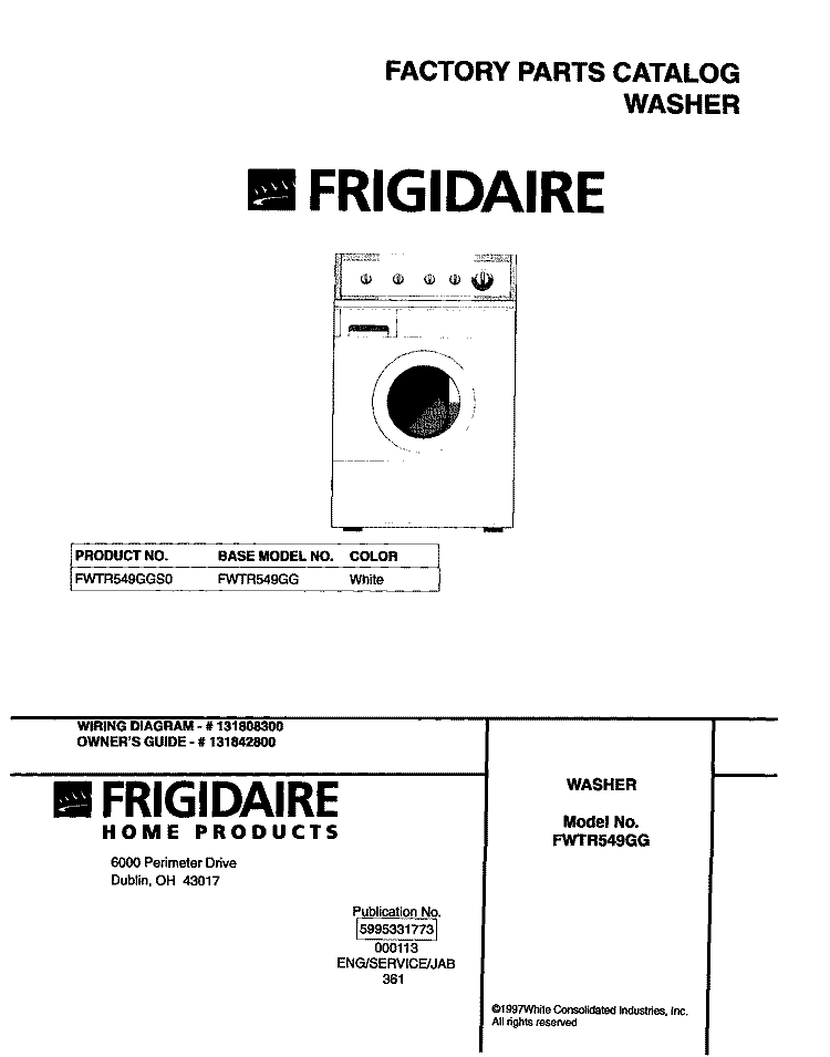 COVER Diagram and Parts List for FWTR549GGS0  Frigidaire Washer