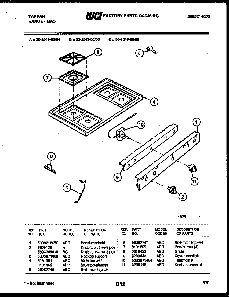 COOKTOP PARTS Diagram and Parts List for 30-2549-00-06  Tappan Range