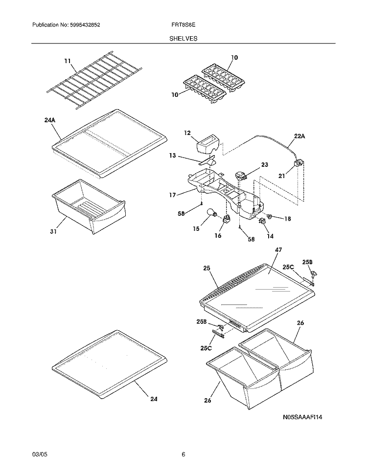 SHELVES Diagram and Parts List for FRT8S6ESK2  Frigidaire Refrigerator