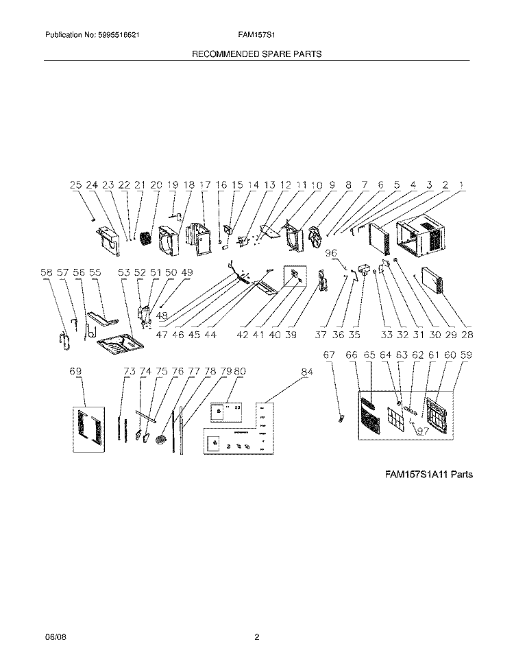 RECOMMENDED SPARE PARTS Diagram and Parts List for FAM157S1A13  Frigidaire Air Conditioner