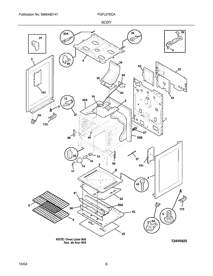BODY Diagram and Parts List for FGFL67DCA  Frigidaire Range