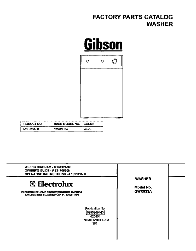 COVER Diagram and Parts List for GWX933AS1  Gibson Washer