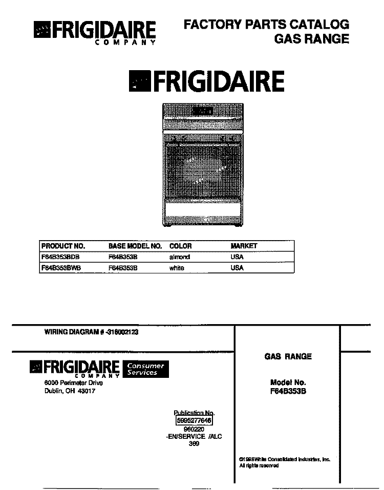 COVER Diagram and Parts List for F64B353BDB  Frigidaire Range
