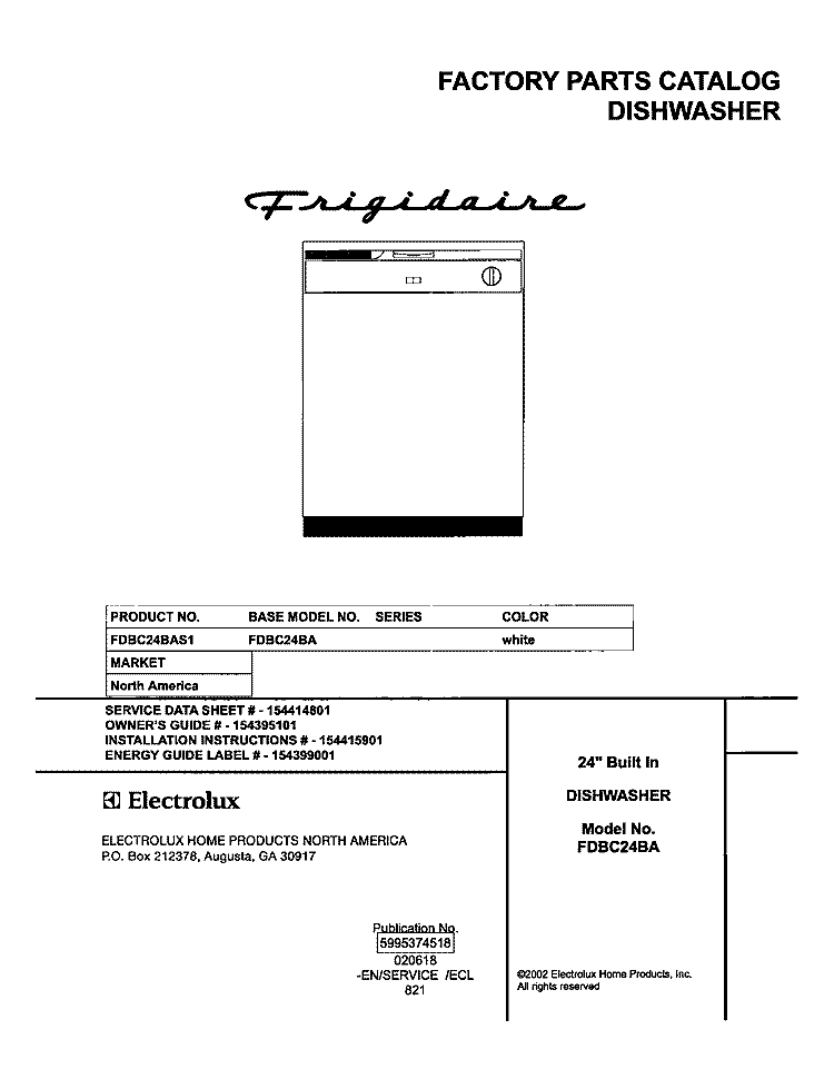 COVER Diagram and Parts List for FDBC24BAS1  Frigidaire Dishwasher