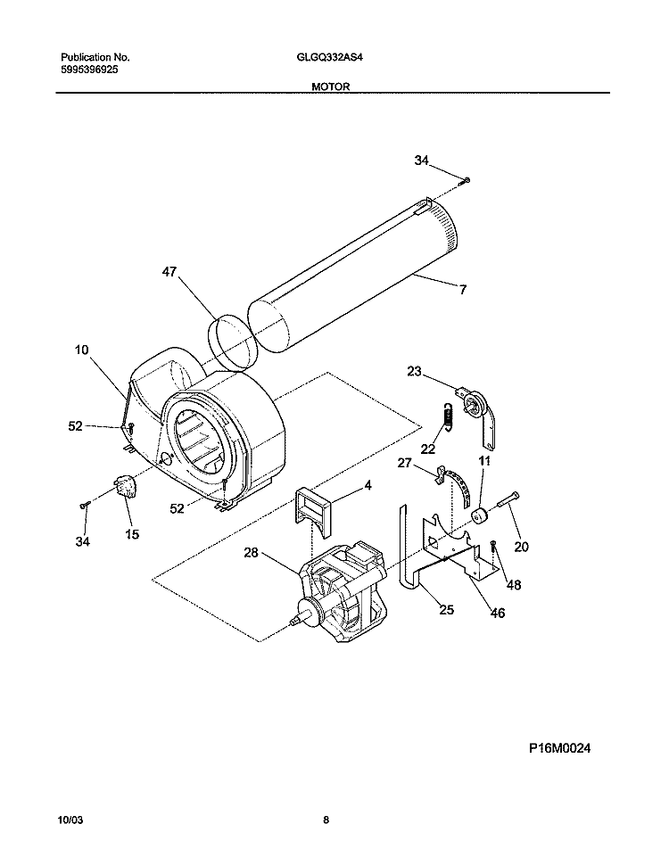 MOTOR Diagram and Parts List for GLGQ332AS4  Frigidaire Dryer