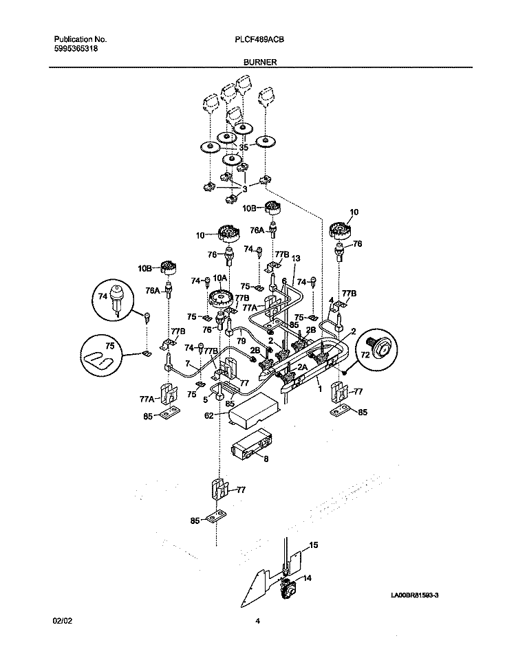 BURNER Diagram and Parts List for PLCF489ACB  Frigidaire Range
