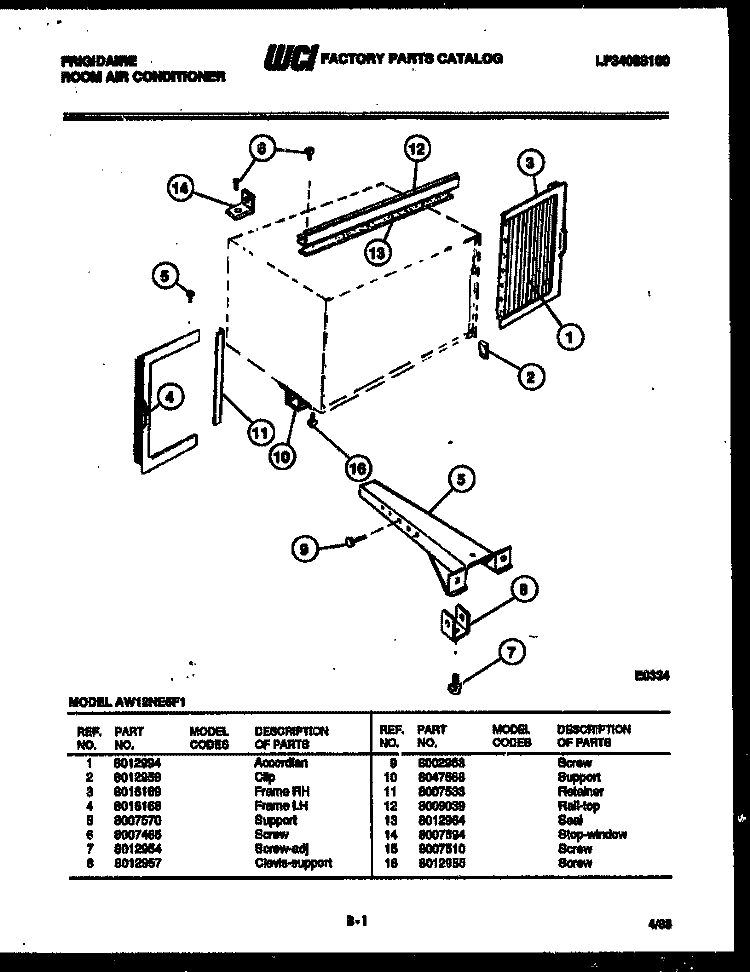 WINDOW MOUNTING PARTS Diagram and Parts List for AW12NE5F1  Frigidaire Air Conditioner