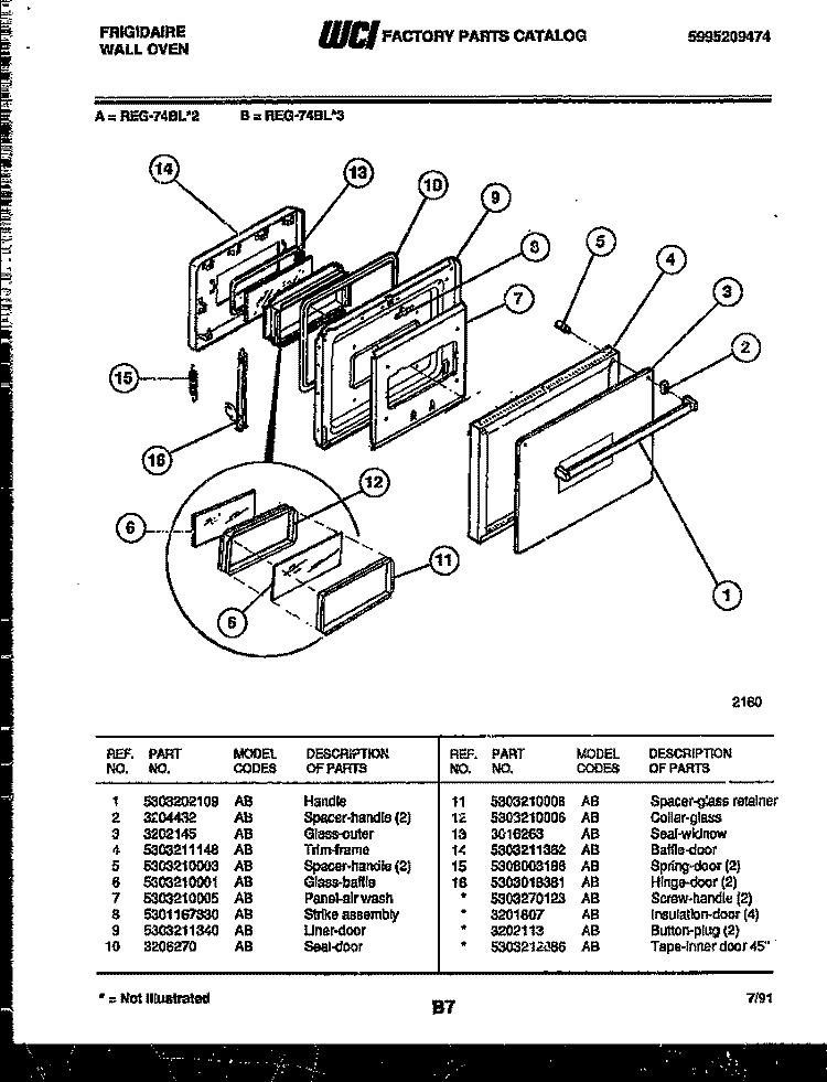 DOOR PARTS Diagram and Parts List for REG74BL3  Frigidaire Wall Oven