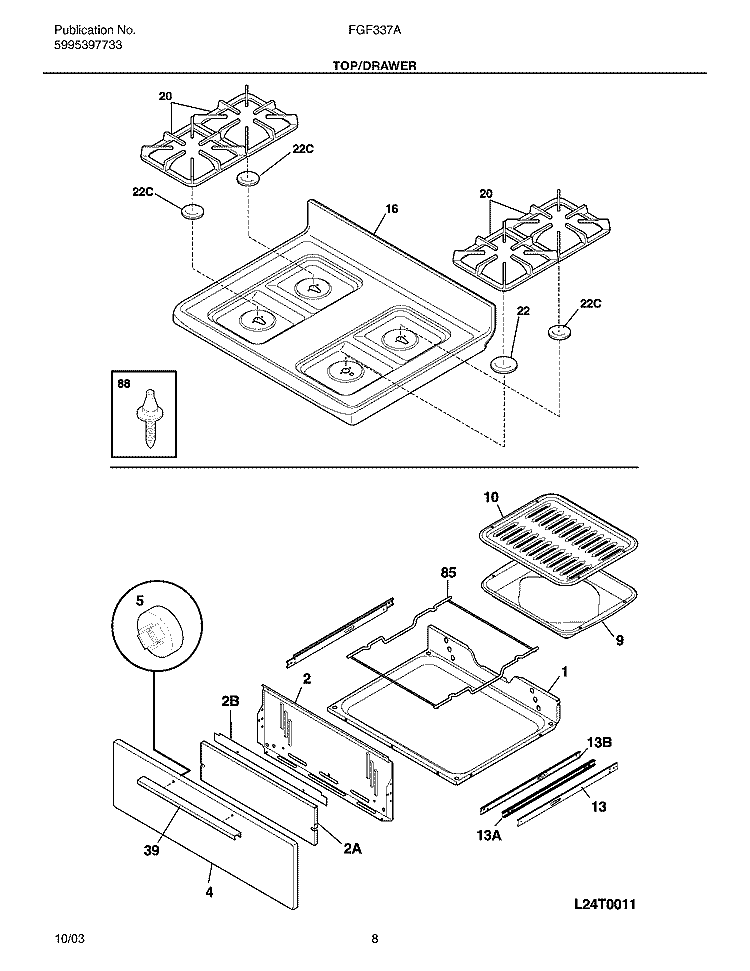 TOP / DRAWER Diagram and Parts List for FGF337ASF  Frigidaire Range