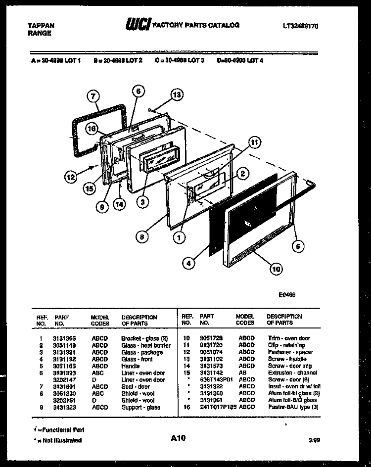 DOOR PARTS Diagram and Parts List for 30-4988-08-01  Tappan Range