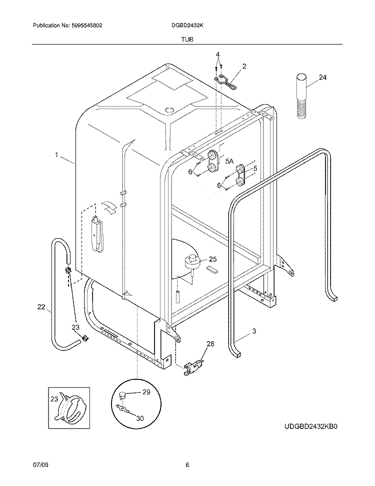 TUB Diagram and Parts List for DGBD2432KB0  Frigidaire Dishwasher