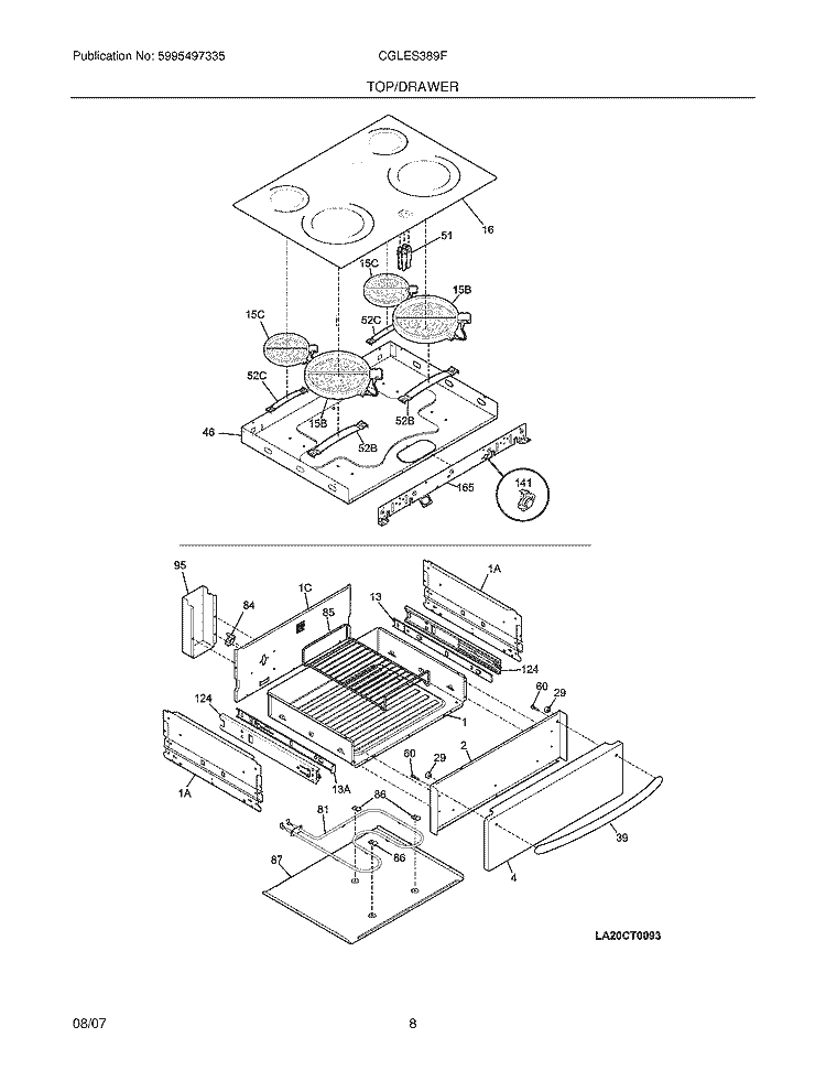 TOP / DRAWER Diagram and Parts List for CGLES389FS3  Frigidaire Range