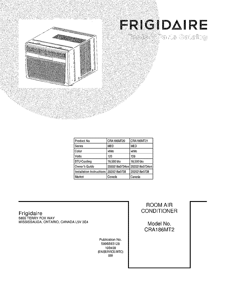 COVER Diagram and Parts List for CRA186MT20  Frigidaire Air Conditioner