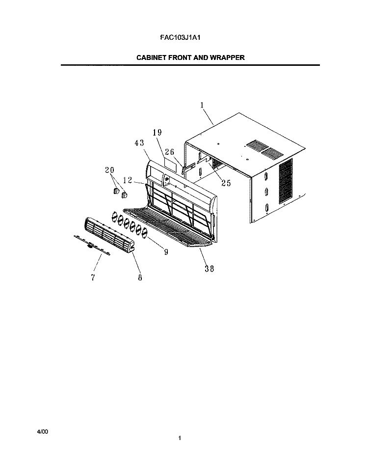 CABINET FRONT AND WRAPPER Diagram and Parts List for FAC103J1A1  Frigidaire Air Conditioner