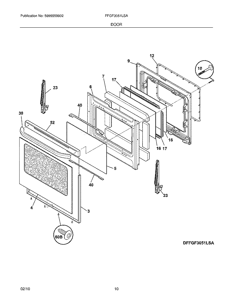 DOOR Diagram and Parts List for FFGF3051LSA  Frigidaire Range