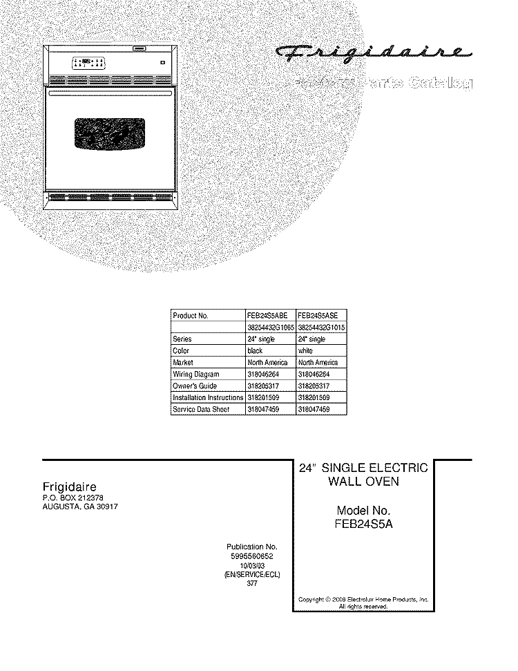 COVER Diagram and Parts List for FEB24S5ABE  Frigidaire Wall Oven