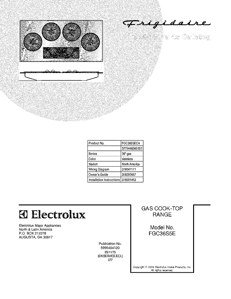 COVER Diagram and Parts List for FGC36S5ECA  Frigidaire Cooktop