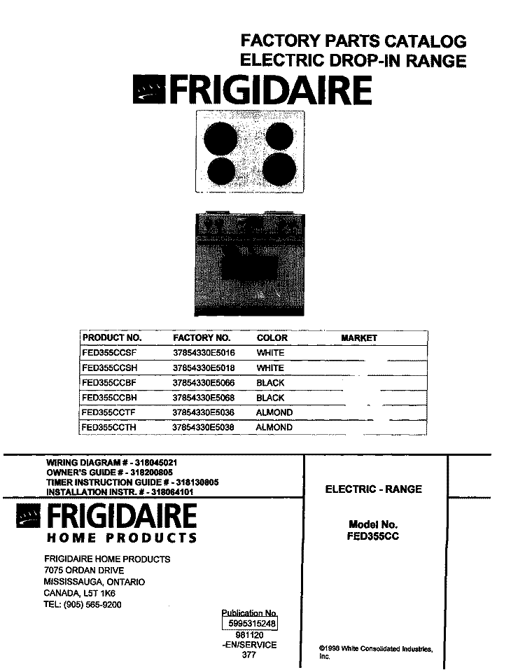 COVER Diagram and Parts List for FED355CCBF  Frigidaire Range
