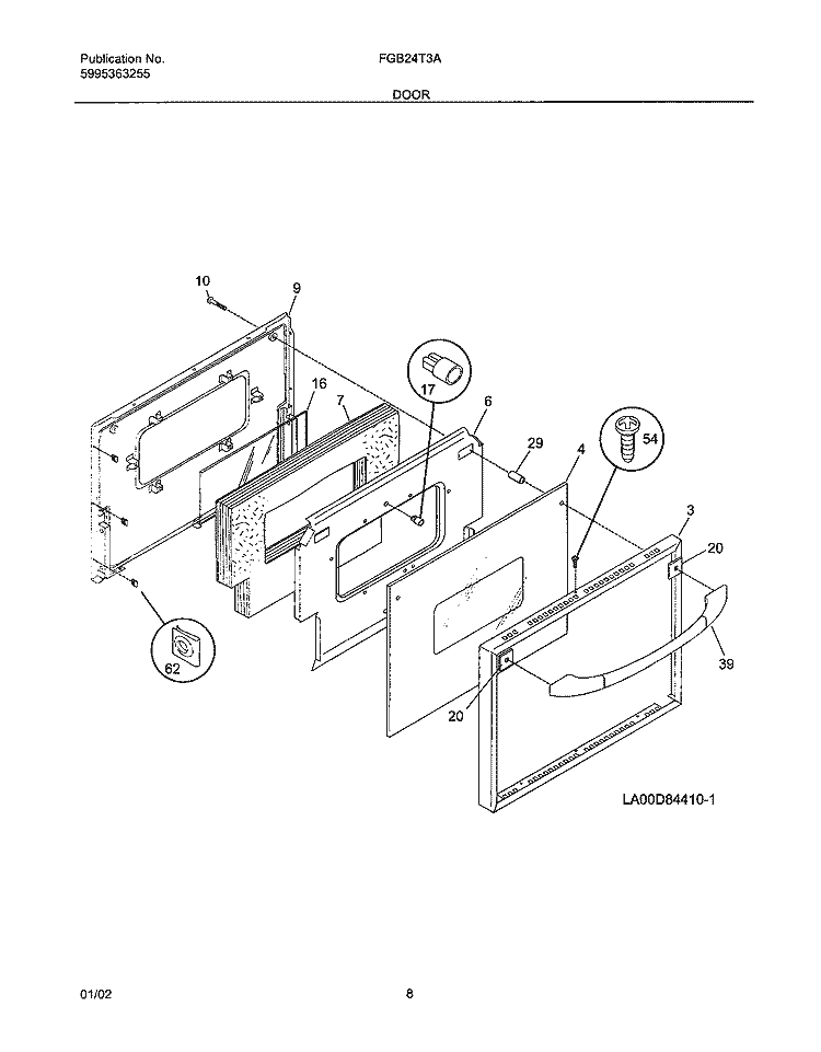 DOOR Diagram and Parts List for FGB24T3ABA  Frigidaire Wall Oven